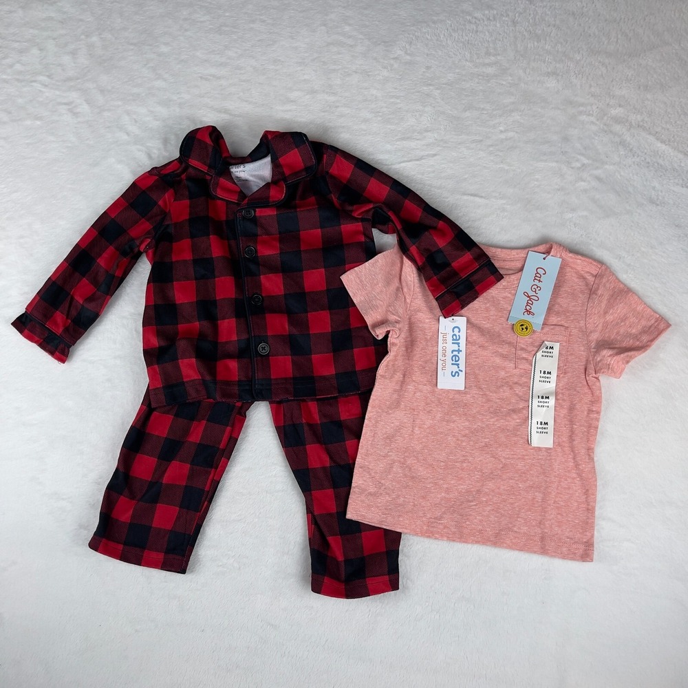 Lot of 2 Carter's T-Shirt & Pajama Set Girls 18M Just One You Red Buffalo Plaid